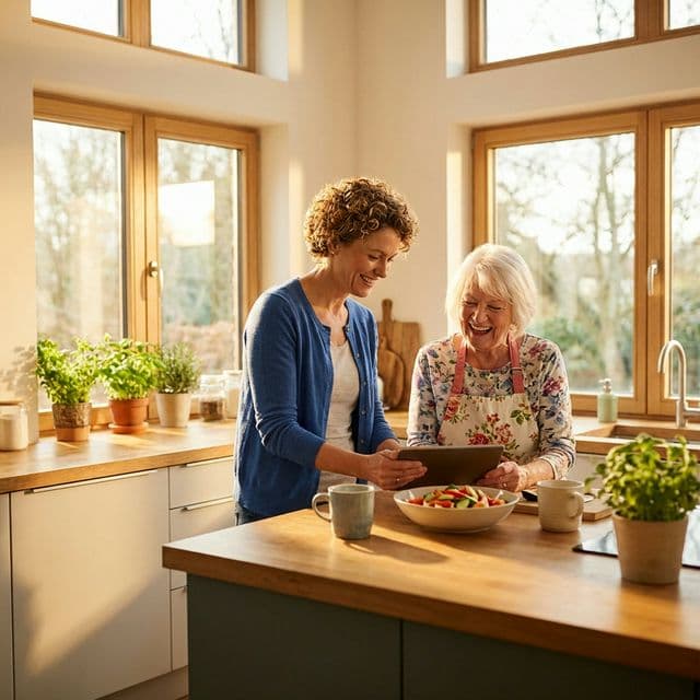 Eine Alltagsbegleiterin und eine ältere Frau bereiten gemeinsam in der Küche etwas zu