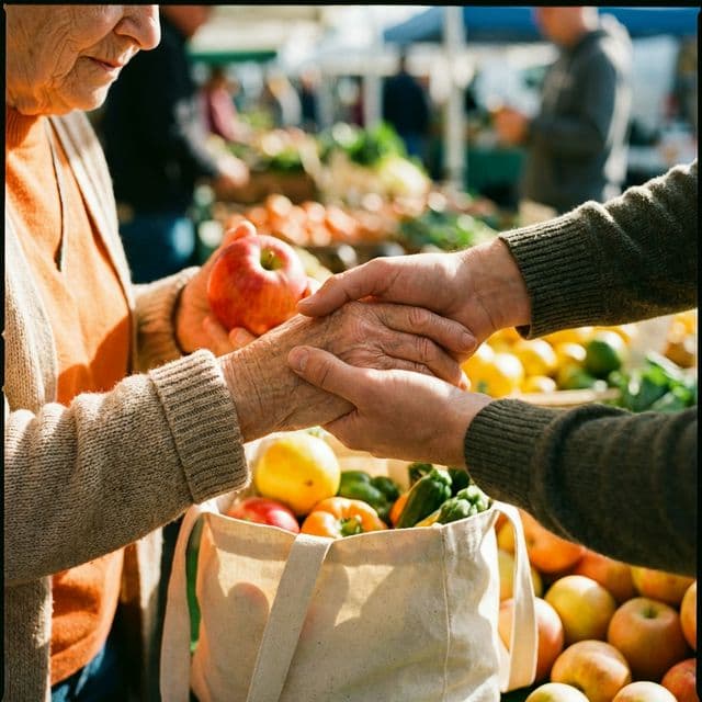 Eine Begleitperson reicht einer älteren Person beim Einkauf auf dem Markt die Hand